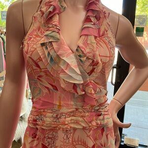 Kay Unger 100% Silk vintage midi maxi dress pink lined halter ruffles XS-S ?